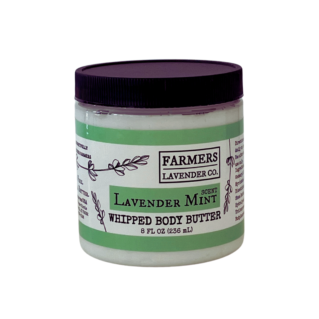 Lavender Mint Whipped Body Butter by FARMERS Lavender Co., smooth and creamy texture with lavender and mint scent.