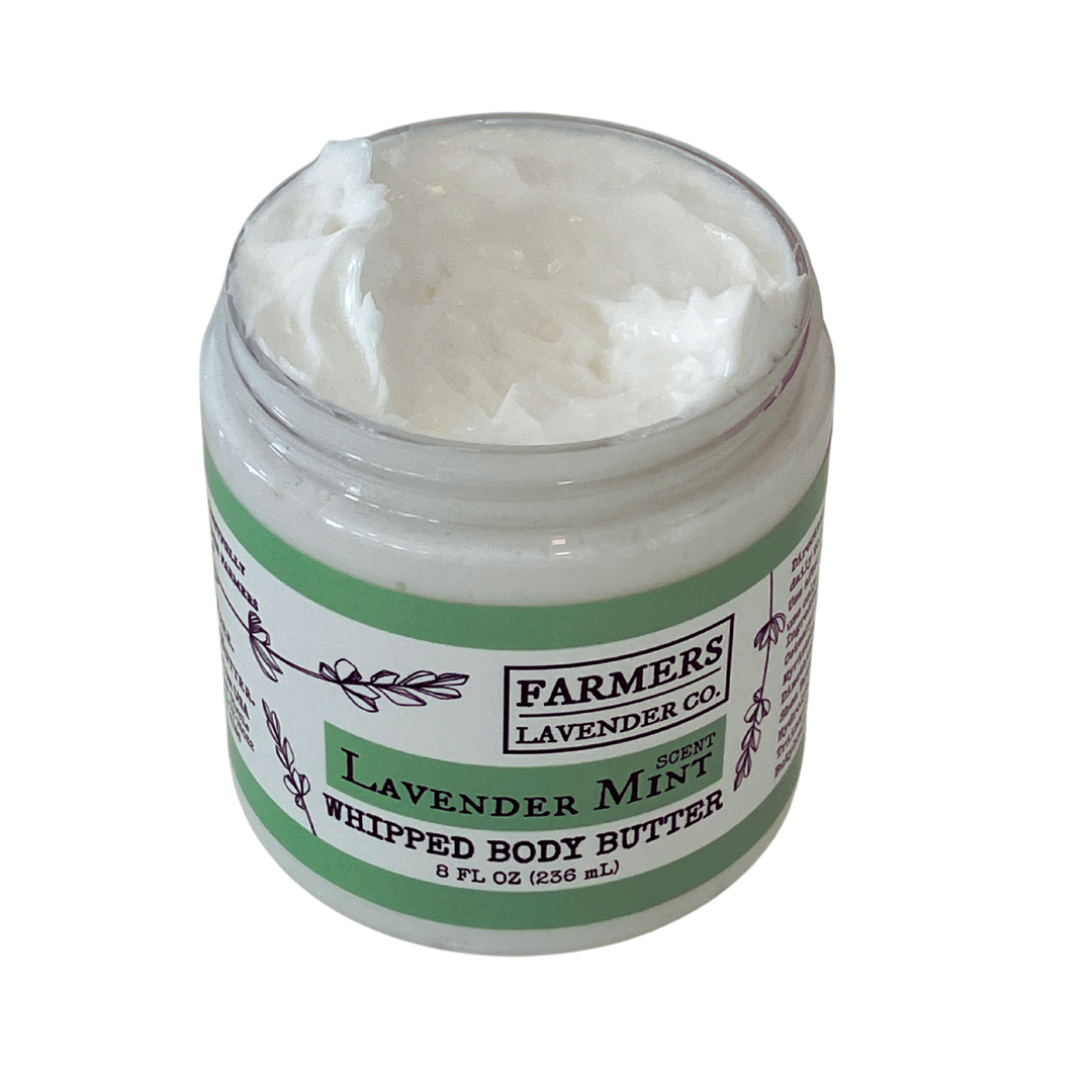 Lavender Mint Whipped Body Butter from FARMERS Lavender Co., creamy texture with lavender and mint scent, in a jar.