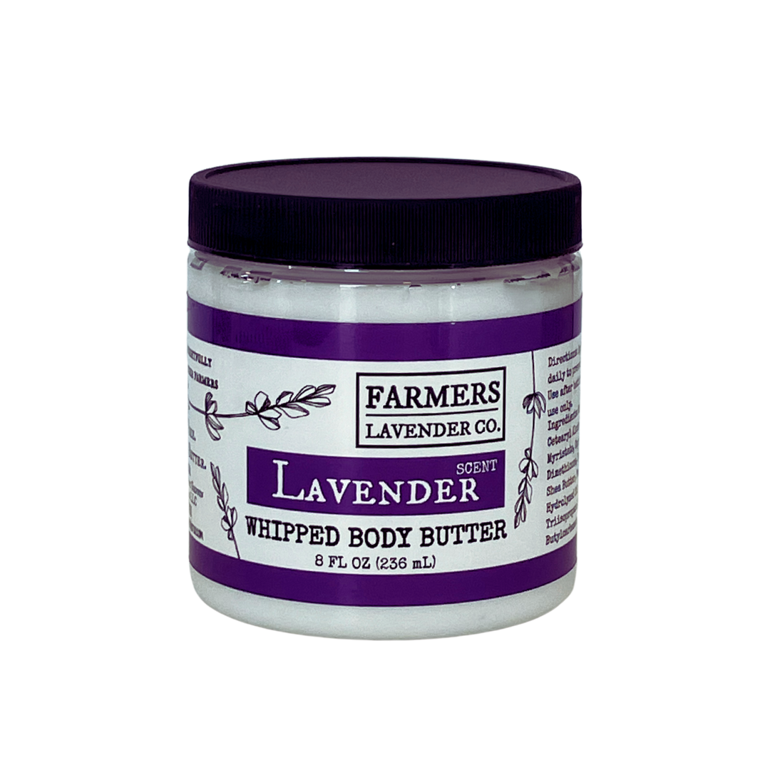 Lavender whipped body butter by FARMERS Lavender Co. in a jar with smooth, creamy lavender-scented body moisturizer texture.
