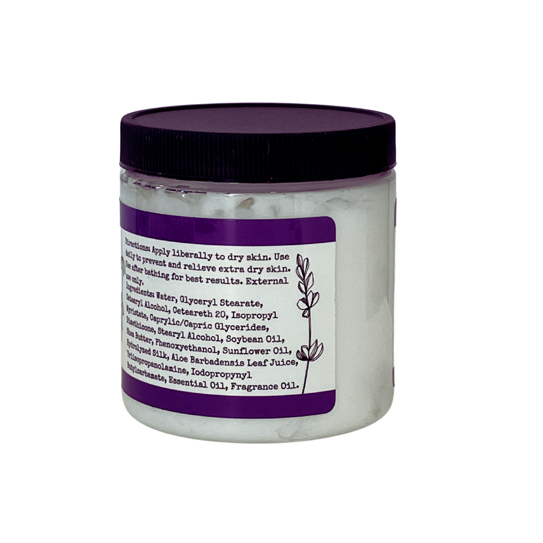 Lavender whipped body butter by FARMERS Lavender Co. in a jar, showcasing its creamy, fluffy texture and lavender scent.