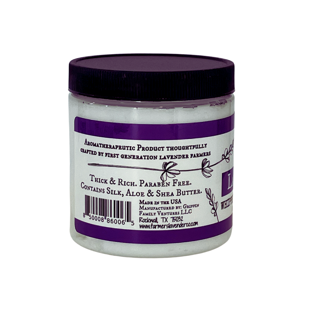 Lavender Whipped Body Butter by FARMERS Lavender Co. creamy, fluffy moisturizer in a jar with lavender scent and smooth texture.