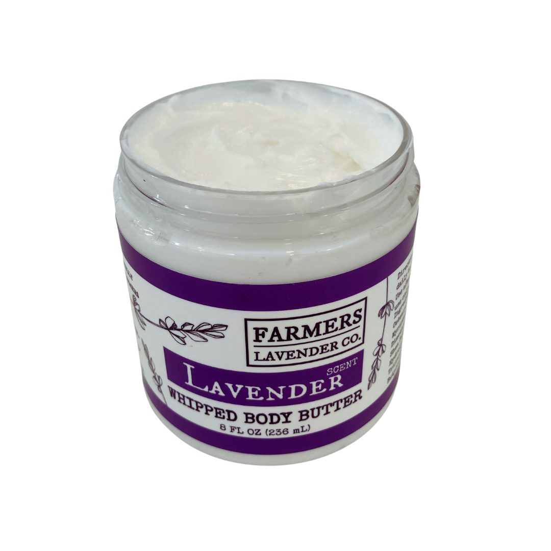 Lavender whipped body butter by FARMERS Lavender Co. in a jar, creamy texture with visible lavender infusion.