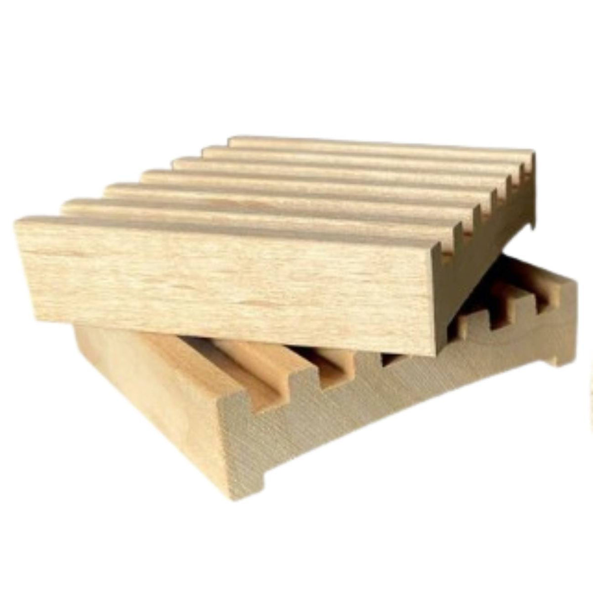 Battlement style wood soap dish by Fern Valley Soap with goat milk soap on it, designed as a decorative bathroom accessory.