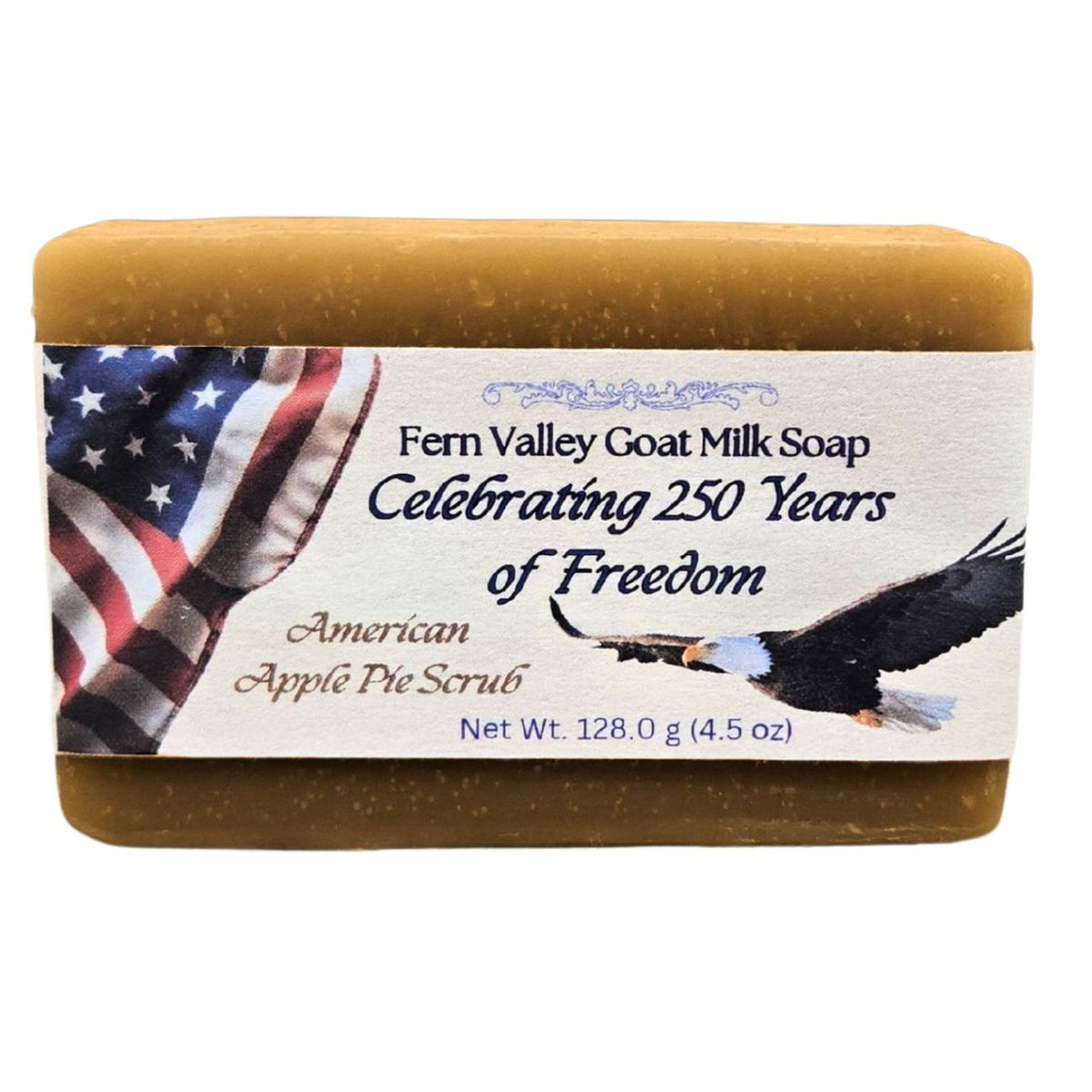 Celebrate USA 250 American apple pie goat milk soap bar by Fern Valley Soap, featuring a festive, handcrafted design.