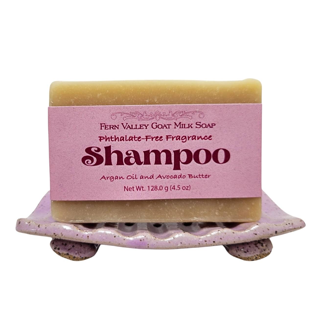 Handmade goat milk shampoo bar with argan oil and avocado butter, featuring a floral scent, from Fern Valley Soap.