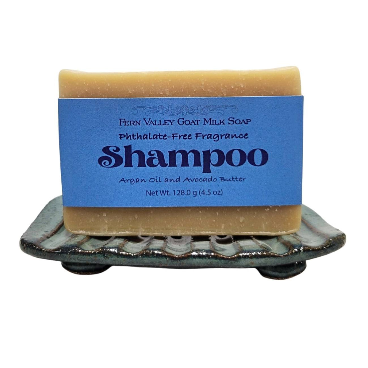 Fern Valley Soap handmade goat milk shampoo bar with argan oil and avocado butter, designed for men, shown in a natural soap presentation.