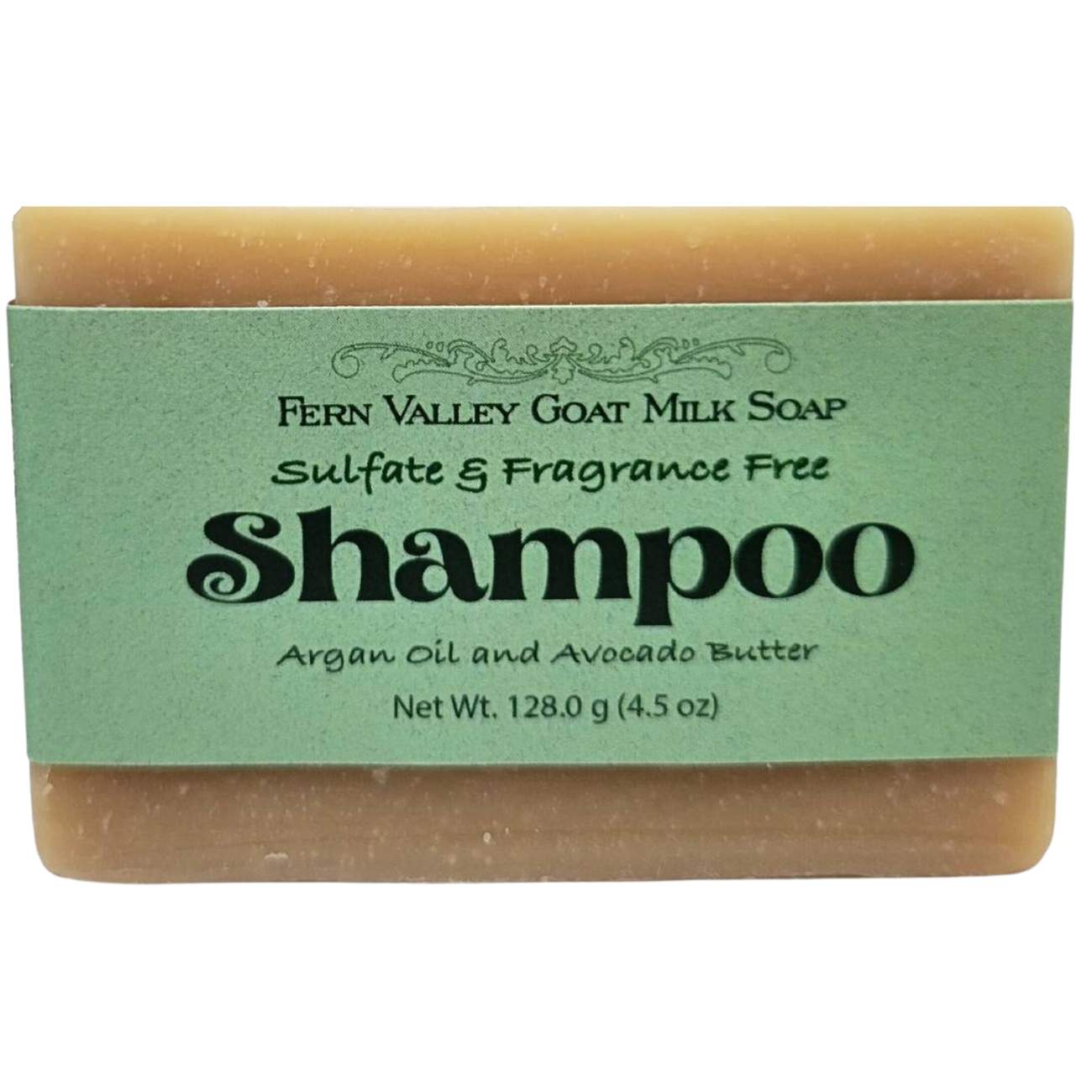 Handmade goat milk shampoo bar with argan oil and avocado butter, fragrance-free Fern Valley Soap product image.