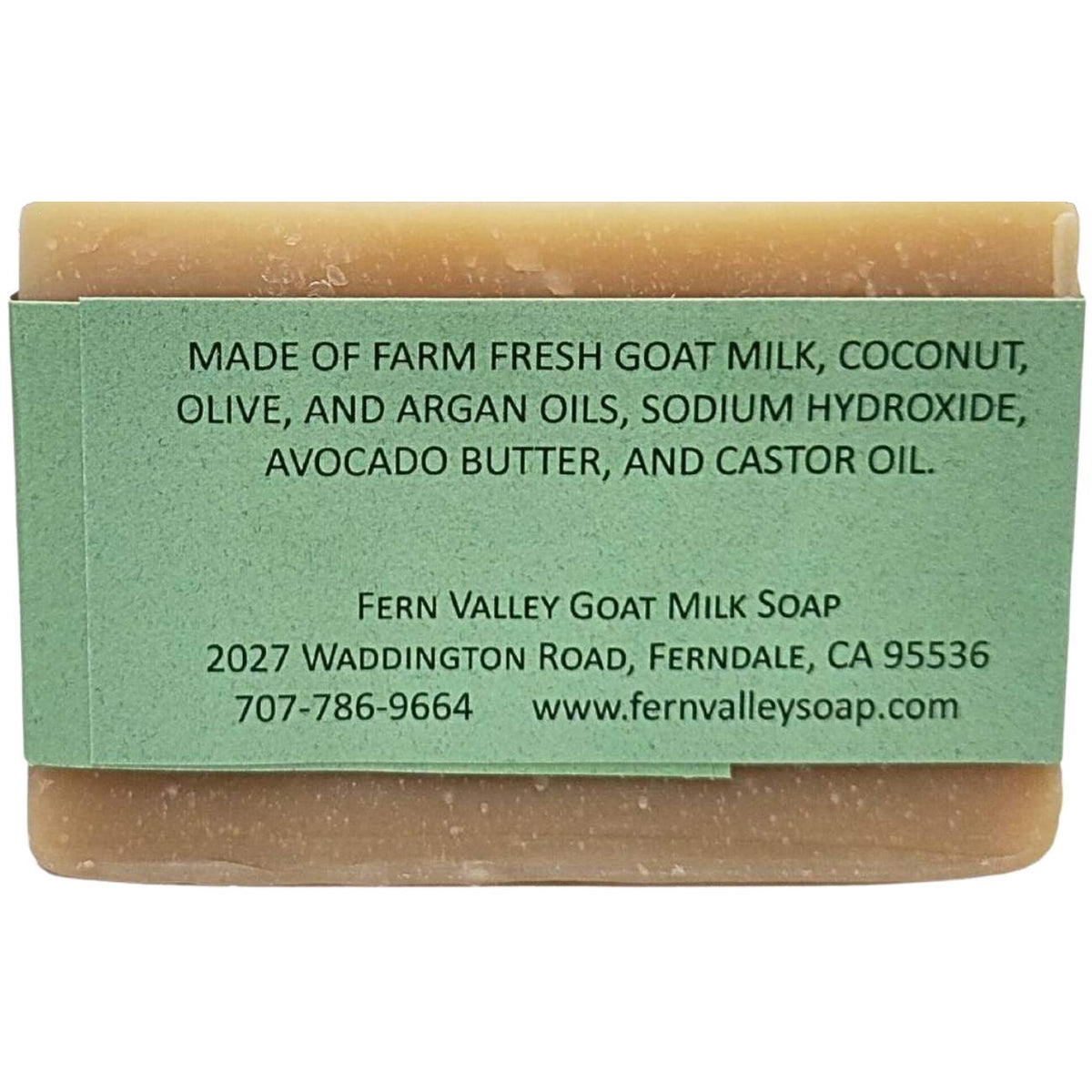 Handmade goat milk shampoo bar with argan oil and avocado butter, fragrance-free Fern Valley Soap product on a white background.