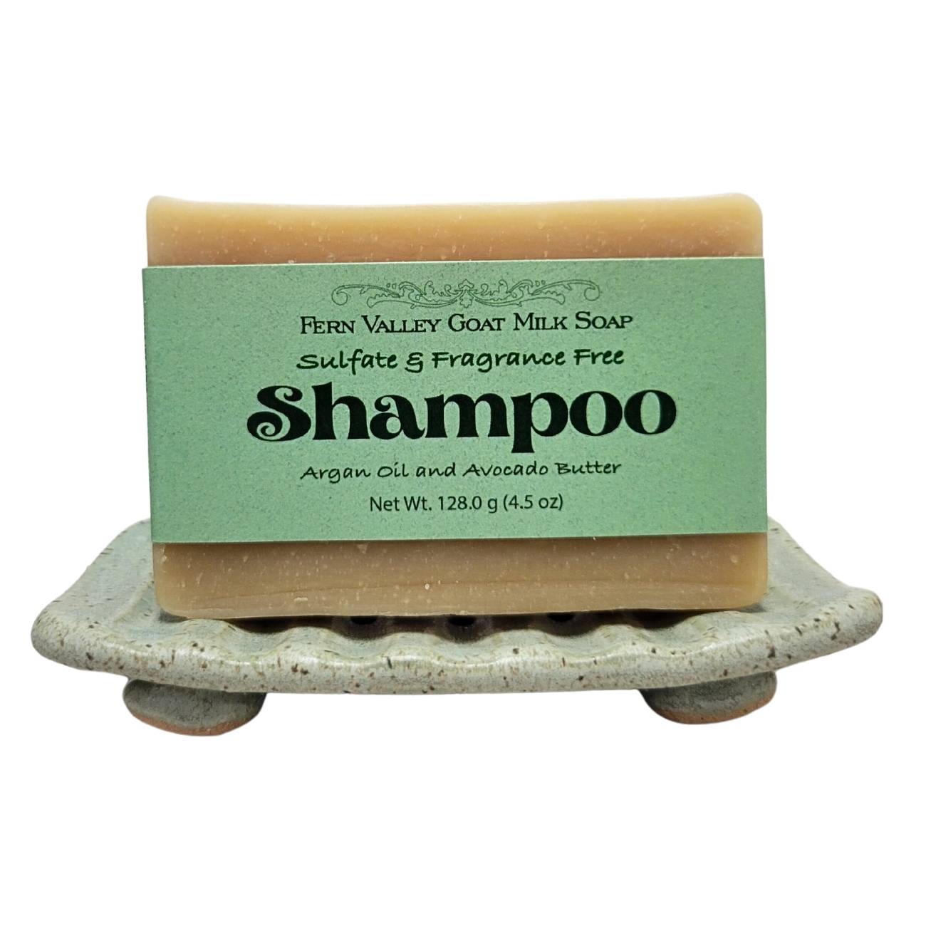 Fram Valley Soap handmade goat milk shampoo bar with argan oil and avocado butter, fragrance-free, natural skincare product.