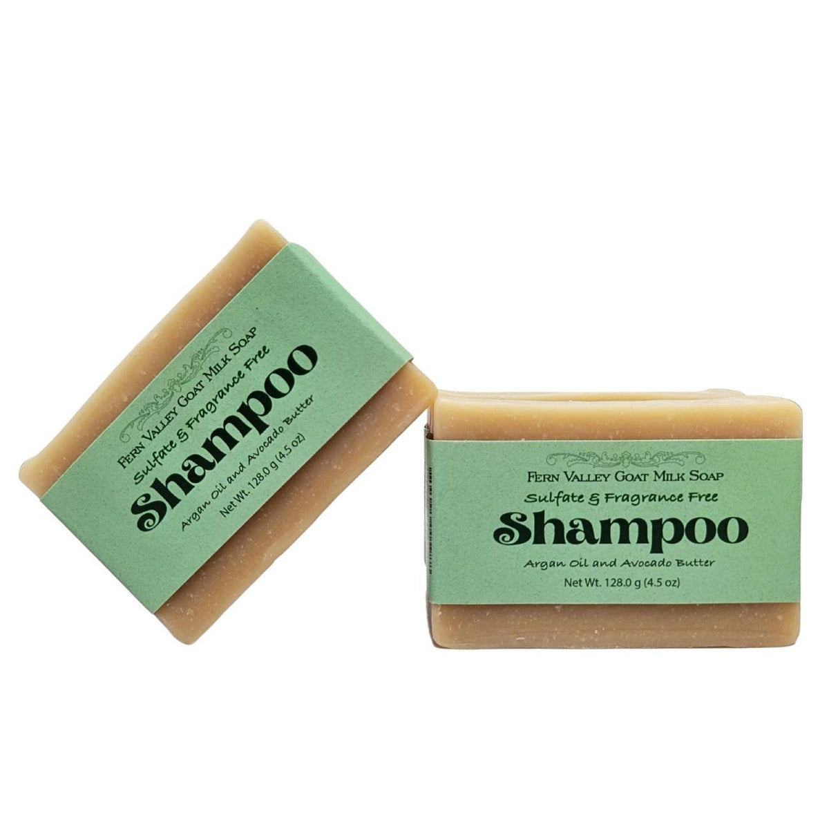 Fragrance-free handmade goat milk shampoo bar by Fern Valley Soap with argan oil and avocado butter, shown in a close-up image.