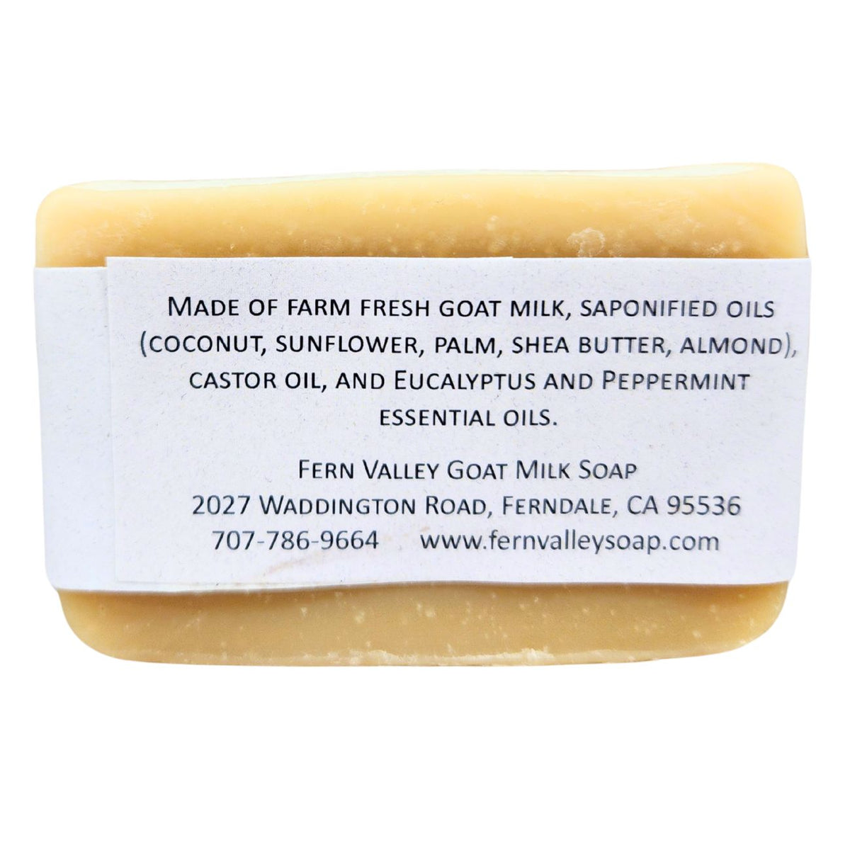 Handmade Fern Valley Goat Milk Soap with eucalyptus and peppermint, showcasing natural ingredients and refreshing herbal scent.