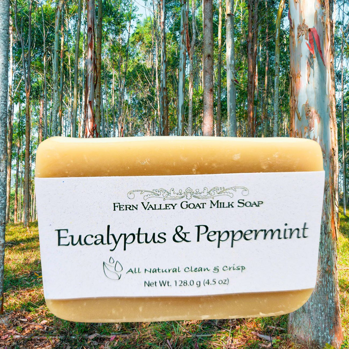 Handmade Fern Valley Goat Milk Soap with natural eucalyptus and peppermint, showcasing the soap's refreshing botanical ingredients.