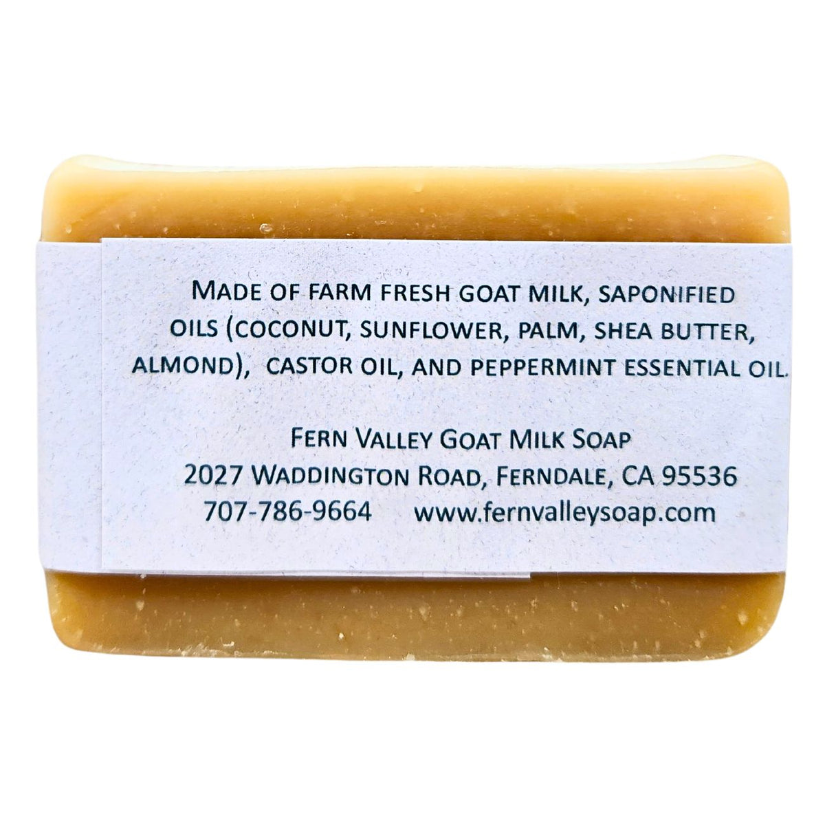 Handmade Fern Valley Goat Milk Soap with peppermint, featuring a natural soap bar with green and white swirls and peppermint scent.