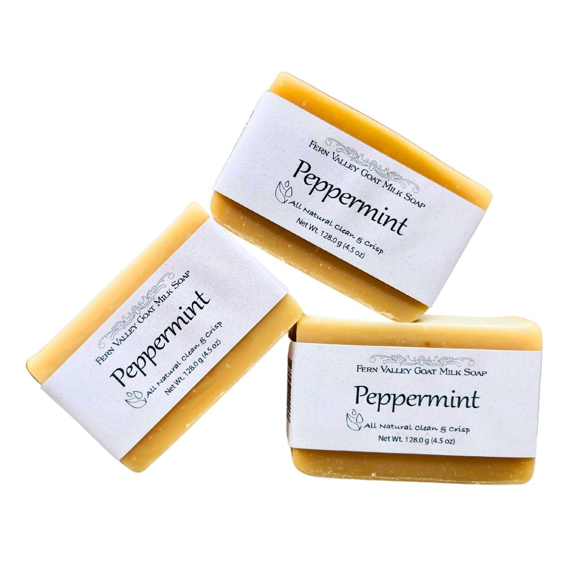 Handmade Fern Valley Goat Milk Soap with natural peppermint aroma, showcasing the creamy soap bar with peppermint leaves.