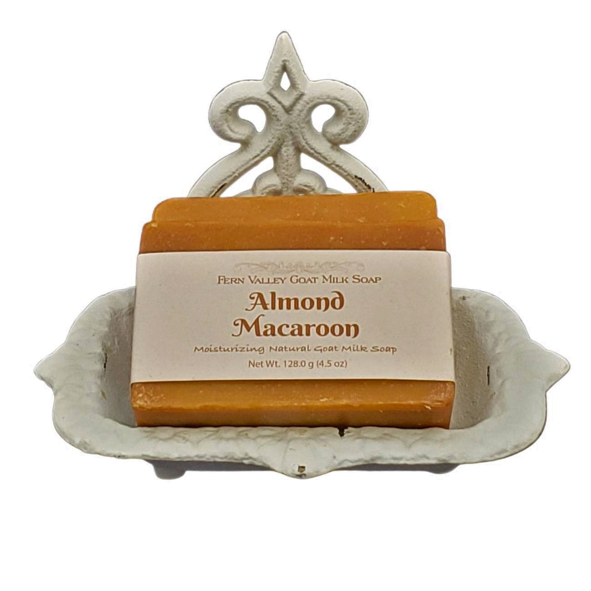 Handmade Fern Valley Goat Milk Soap with almond macaroon fragrance, featuring a creamy soap bar with almond and caramel scent details.