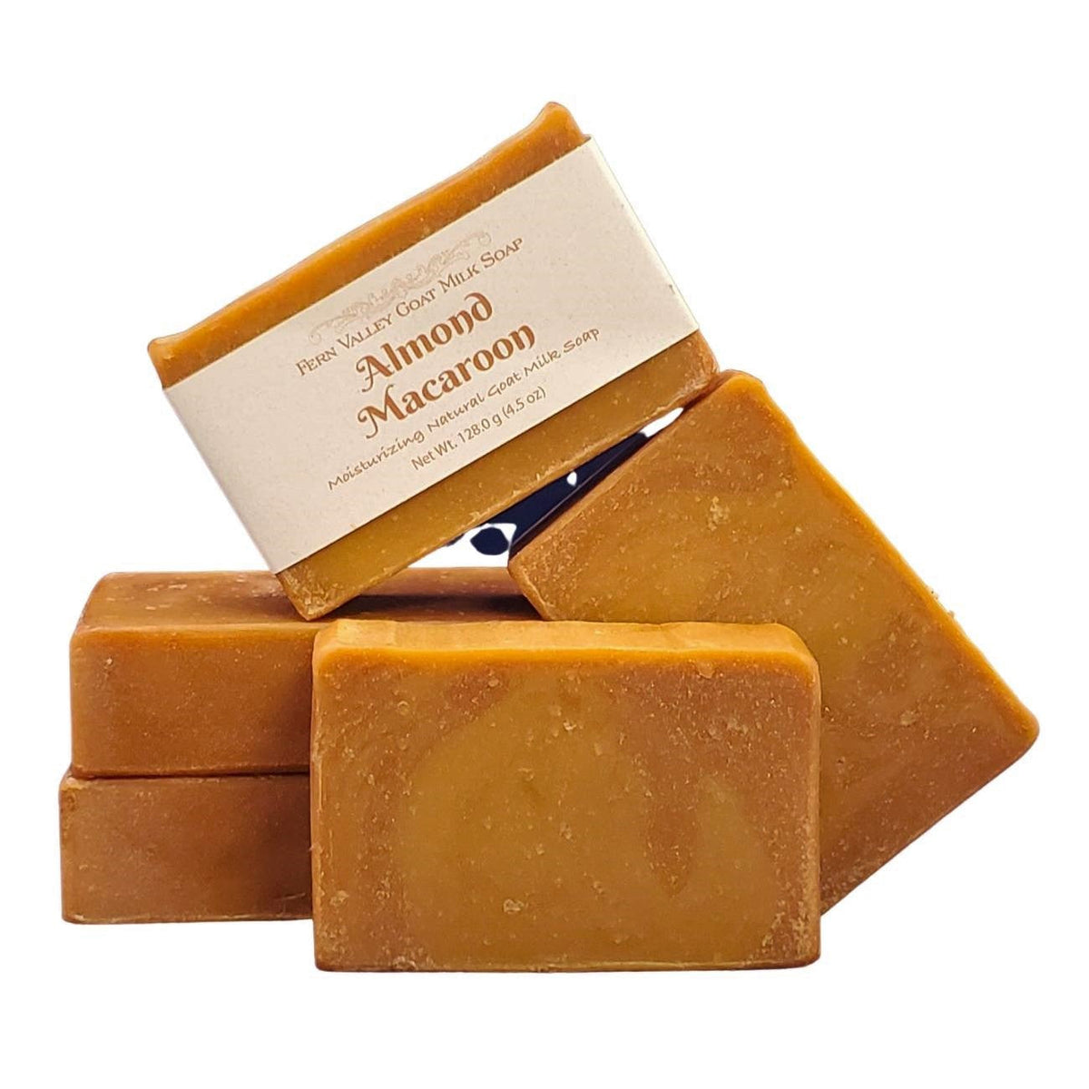 Handmade Fern Valley Goat Milk Soap with almond macaroon fragrance, showcasing a creamy bar with almond and sweet scent details.
