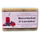 Handmade goat milk soap bar with fresh watermelon and lavender scent from Fern Valley Soap, showcasing vibrant pink and purple swirls.