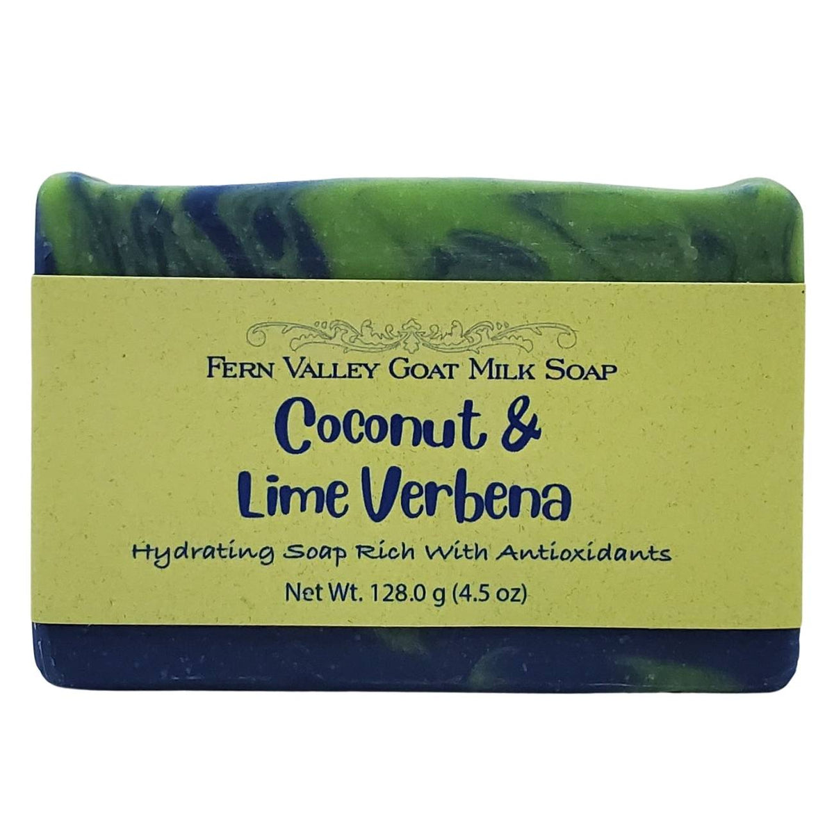 Handmade Fern Valley Goat Milk Soap with tropical coconut and lime verbena scent, hydrating and antioxidant-rich skincare bar.