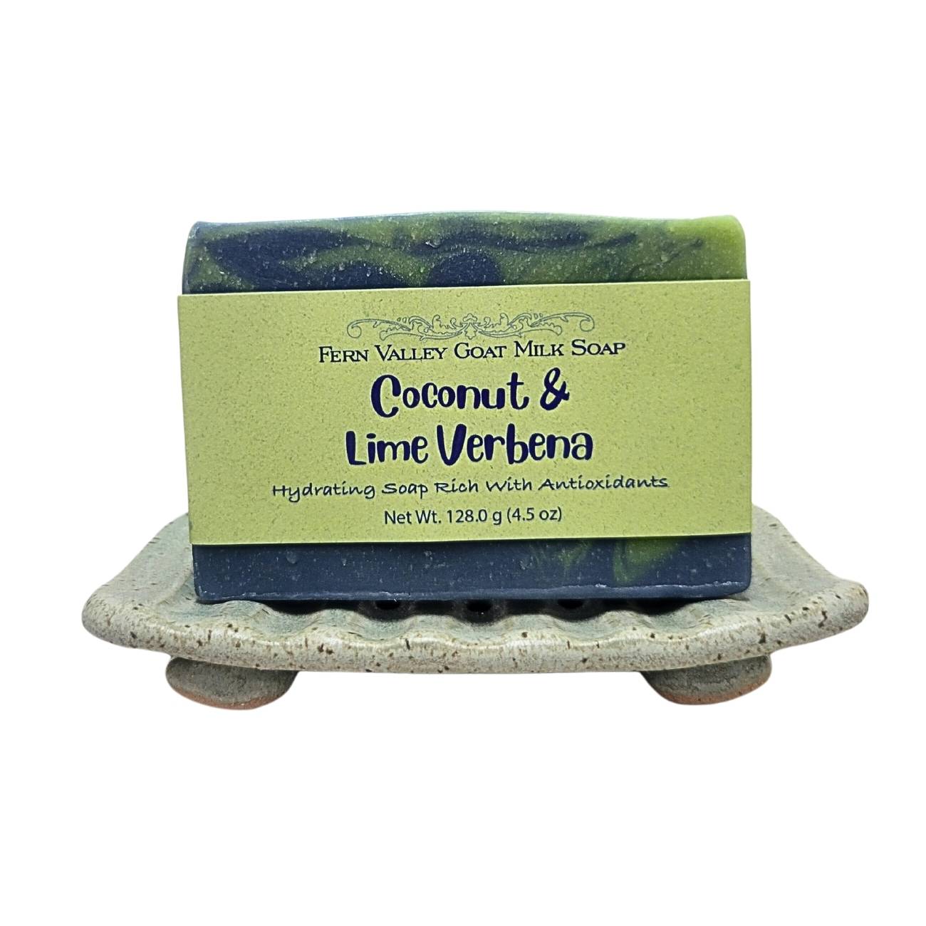 Handmade Fern Valley Goat Milk Soap with tropical coconut and lime verbena scent, showcasing the hydrating soap bar with antioxidants.