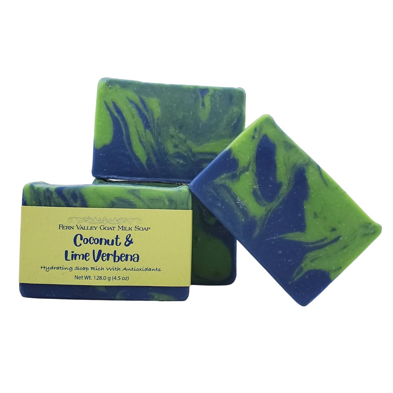 Handmade Fern Valley Goat Milk Soap with tropical coconut and lime verbena scent, showing the soap bar with coconut and lime zest.