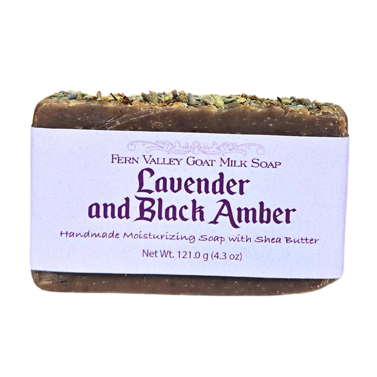Handmade goat milk soap with lavender and black amber, moisturizing Fern Valley Soap bar with floral and amber accents.