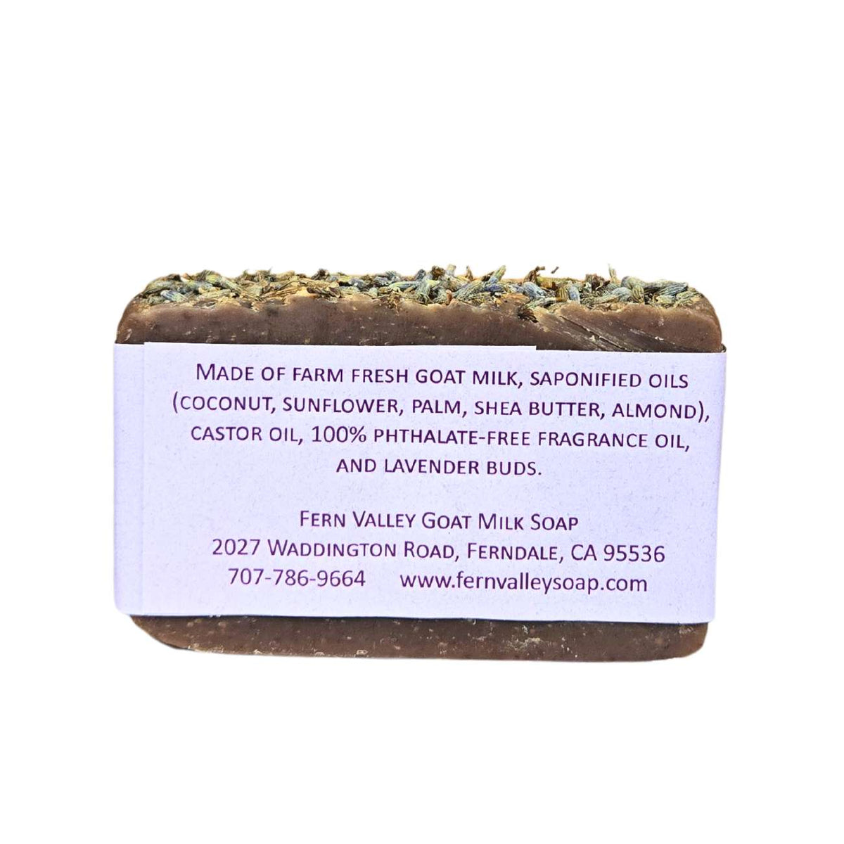 Handmade goat milk soap with lavender and black amber, featuring a creamy texture and natural floral scent from Fern Valley Soap.