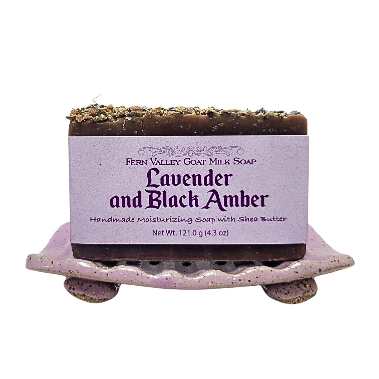 Handmade Fern Valley Goat Milk Soap with lavender and black amber for moisturizing and gentle skin care.
