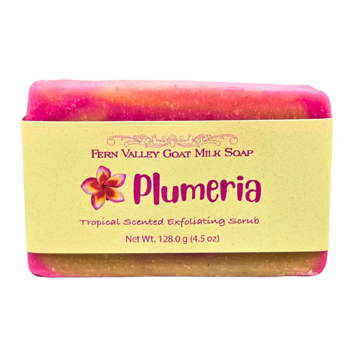 Fern Valley Soap handmade goat milk soap with plumeria tropical scent, featuring a soap bar with floral and creamy textures.