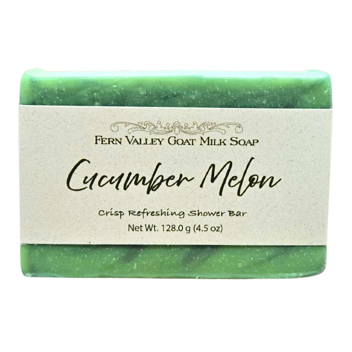 Handmade goat milk soap with refreshing cucumber and melon scent, featuring natural ingredients from Fern Valley Soap.
