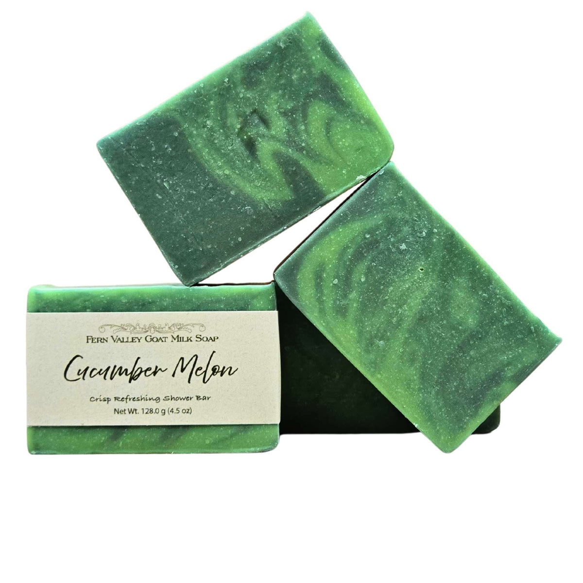 Handmade Fern Valley Goat Milk Soap with refreshing cucumber and melon scent, featuring fresh ingredients and natural textures.