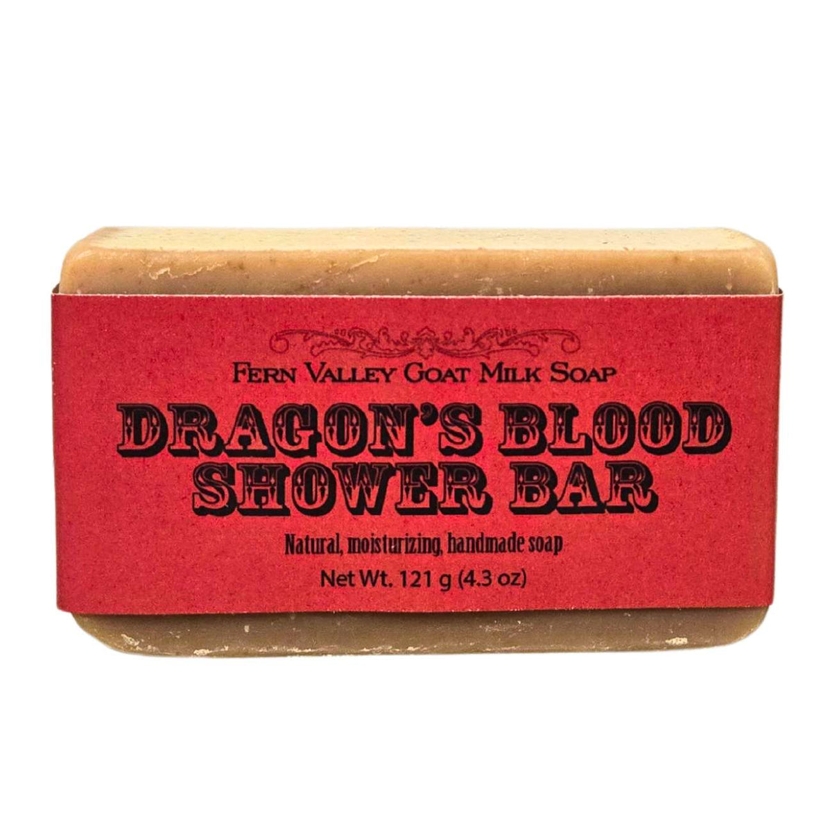 Handmade Fern Valley Goat Milk Soap shower bar with Dragon's Blood scent, featuring a natural soap with a rich, reddish-brown color.