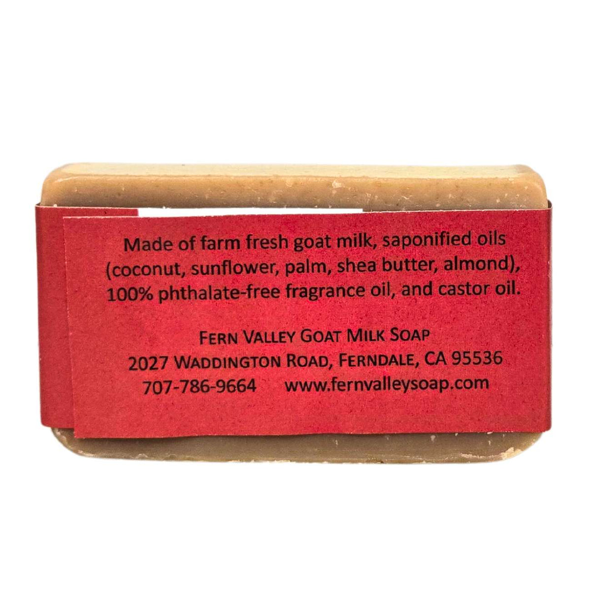 Handmade Fern Valley Goat Milk Soap shower bar with Dragon's Blood scent, featuring a creamy soap texture and decorative packaging.