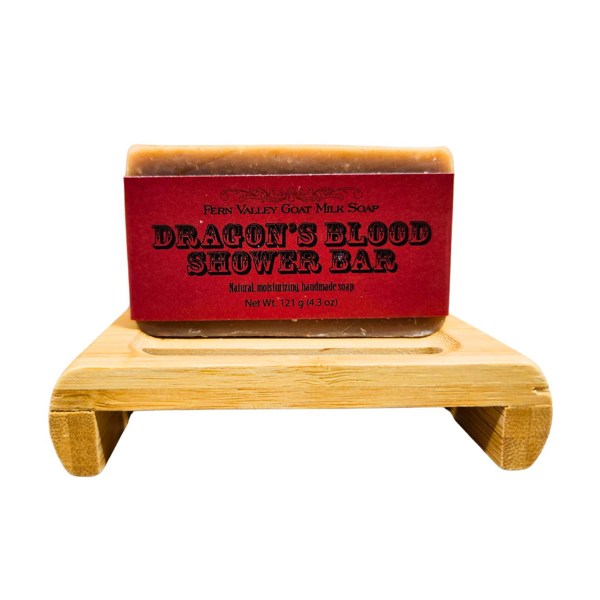 Handmade Fern Valley Goat Milk Soap shower bar with dragon's blood design, featuring a rich, natural soap with a textured surface.