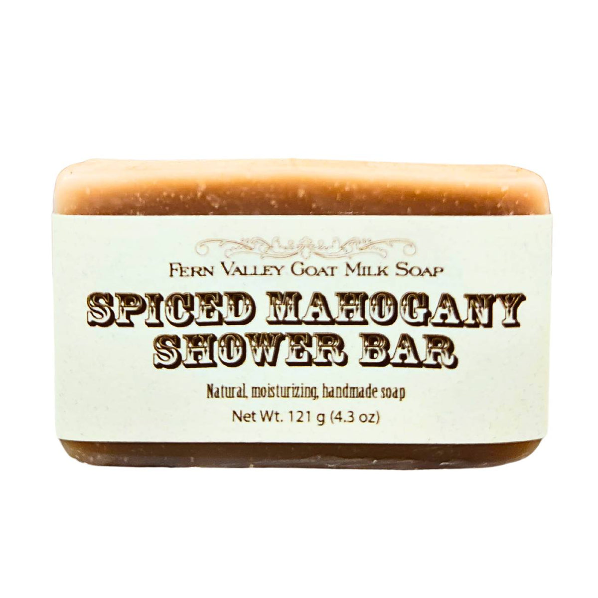 Handmade Fern Valley Goat Milk Soap shower bar with spiced mahogany scent, featuring a rich, textured surface and natural coloring.