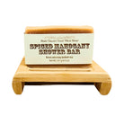 Handmade Fern Valley Goat Milk Soap shower bar with spiced mahogany scent, showing a rustic soap bar on a wooden surface.