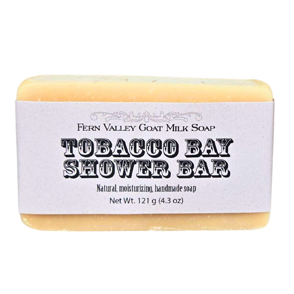 Fern Valley Goat Milk Soap shower bar with tobacco bay scent, featuring a rustic soap design and natural ingredients.