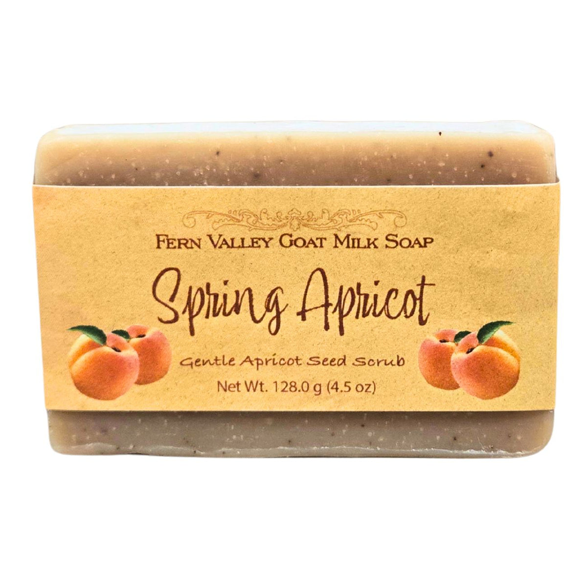 Fern Valley Soap handmade goat milk soap with spring apricot exfoliating scrub displayed in a natural setting.