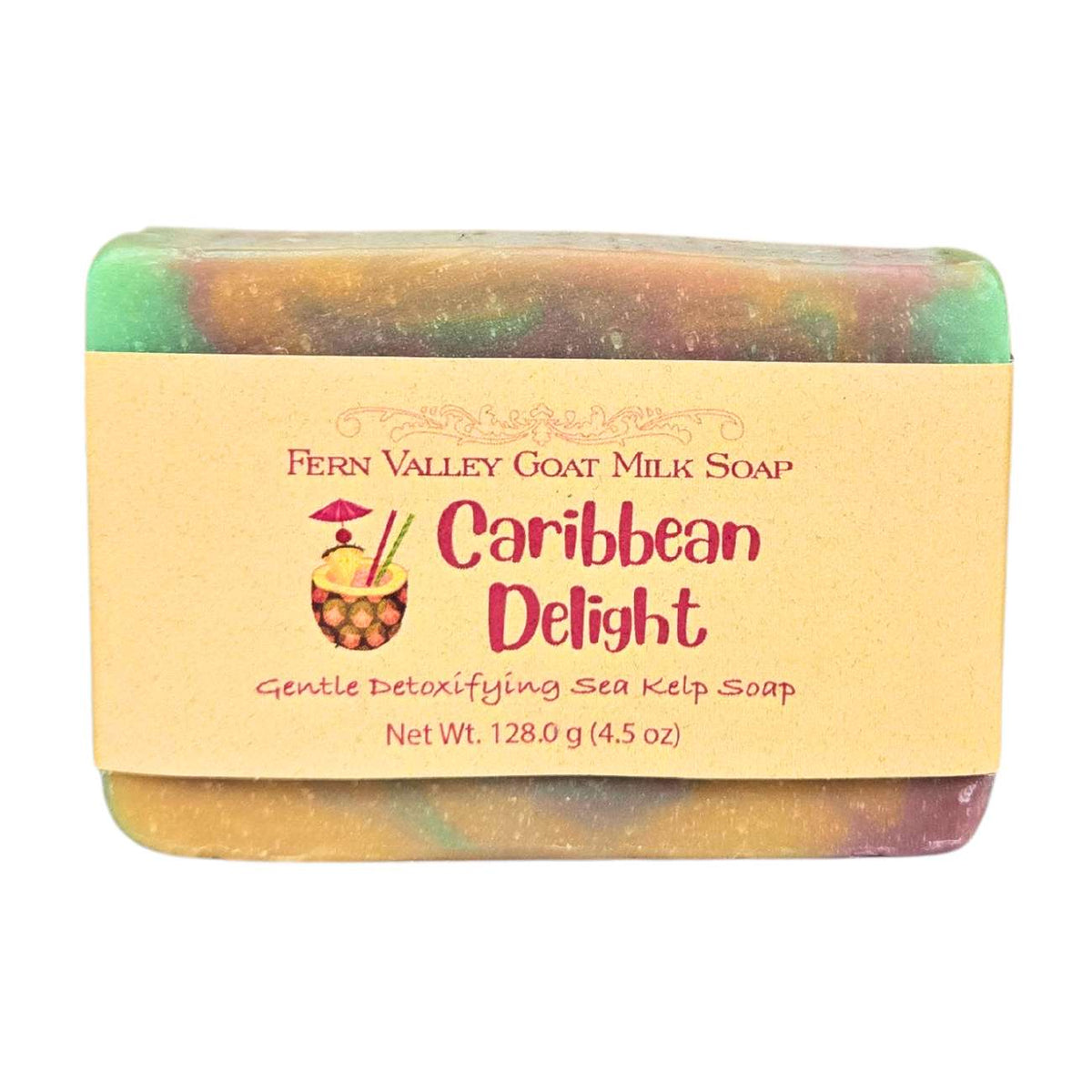 Fern Valley Goat Milk Soap with Caribbean Delight Sea Kelp Scrub, showcasing a natural soap bar with sea kelp accents.