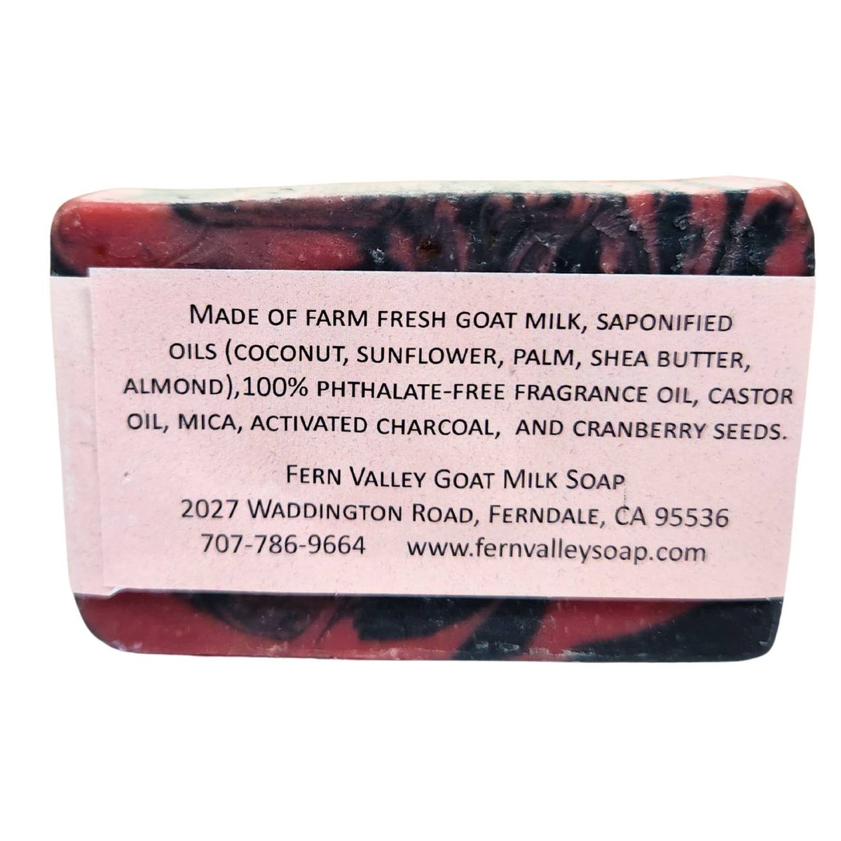 Fern Valley Soap cherry bomb goat milk soap with charcoal and cranberry seed scrub, natural skincare bar with exfoliating ingredients.