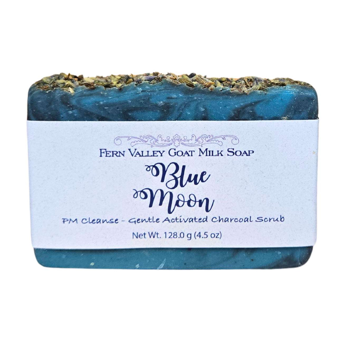 Fern Valley Soap Blue Moon charcoal exfoliating goat milk soap bar with natural ingredients and blue packaging.