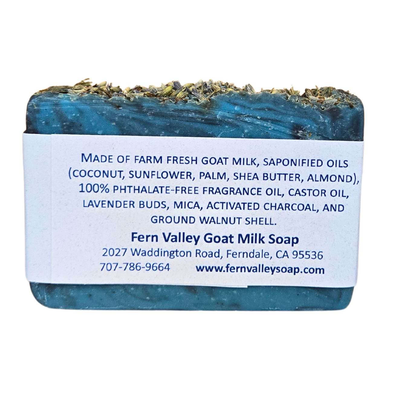 Fern Valley Soap natural goat milk soap with charcoal exfoliating scrub, featuring blue moon-inspired packaging and cleansing ingredients.