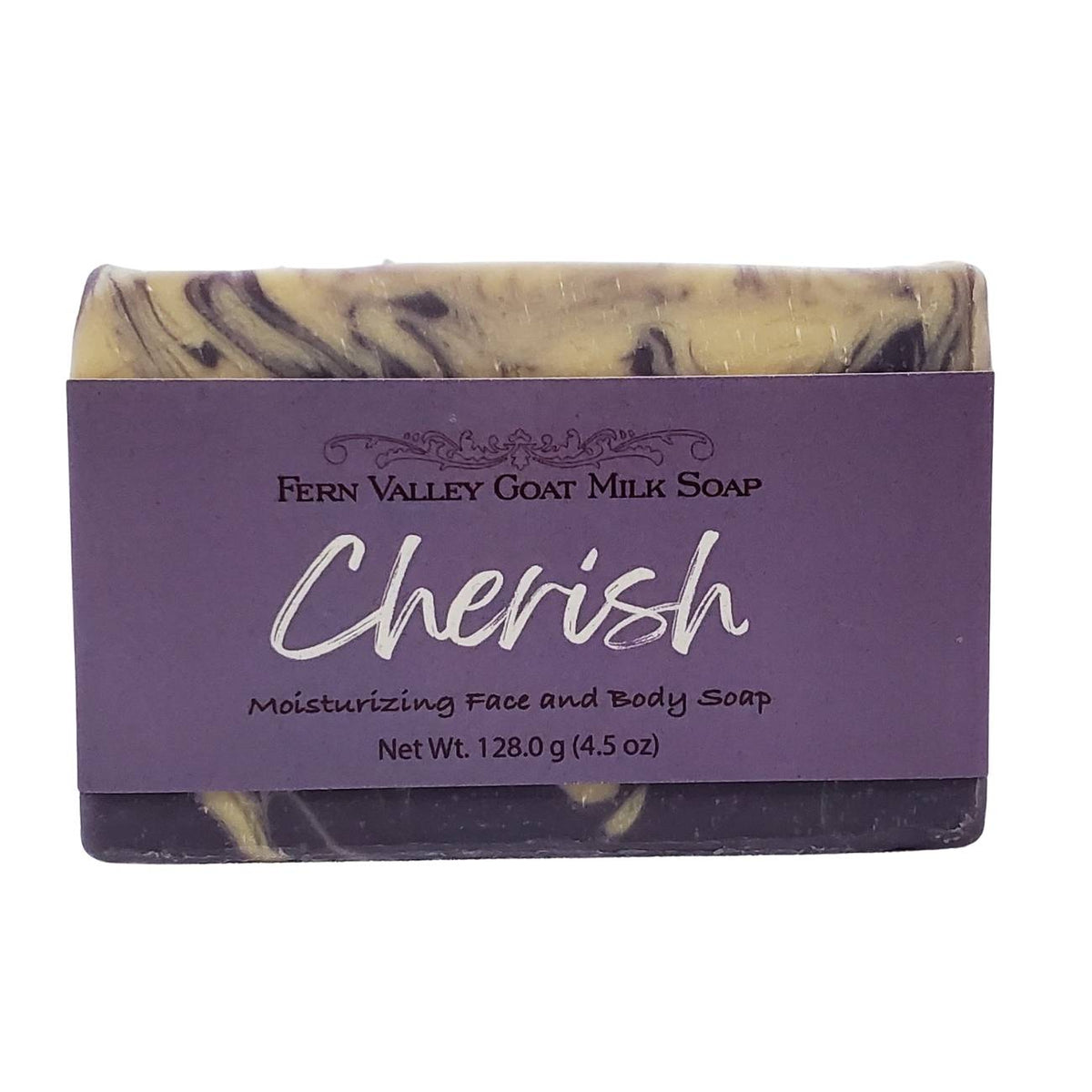 Fern Valley Soap Cherish goat milk soap with sheer floral scent, showing the creamy soap bar with floral accents.