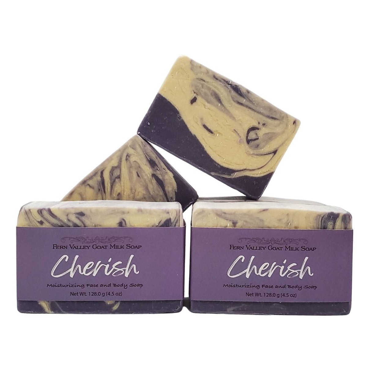 Fern Valley Soap Cherish Natural Goat Milk Soap with floral scent, featuring a bar of creamy soap with floral packaging.