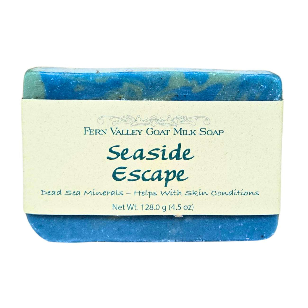 Fern Valley Soap natural goat milk soap with Dead Sea minerals, featuring a seaside-themed packaging and creamy soap bars.