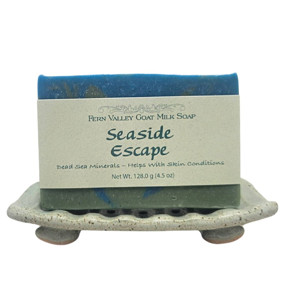 Fern Valley Goat Milk Soap with Dead Sea minerals, featuring a seaside-inspired design and natural ingredients in a bar form.