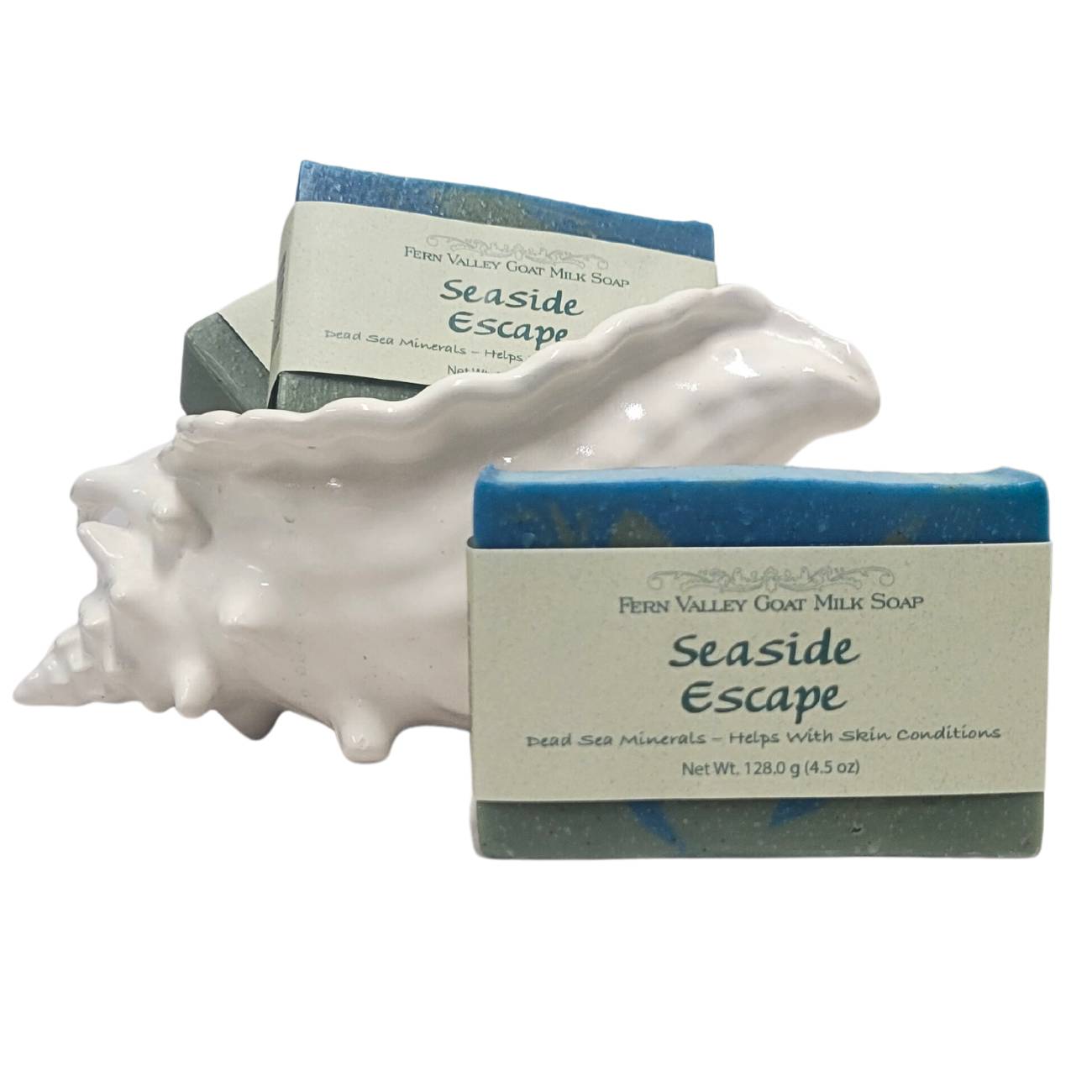 Fern Valley Goat Milk Soap with Dead Sea minerals, featuring a seaside-inspired design and natural ingredients, perfect for gentle cleansing.