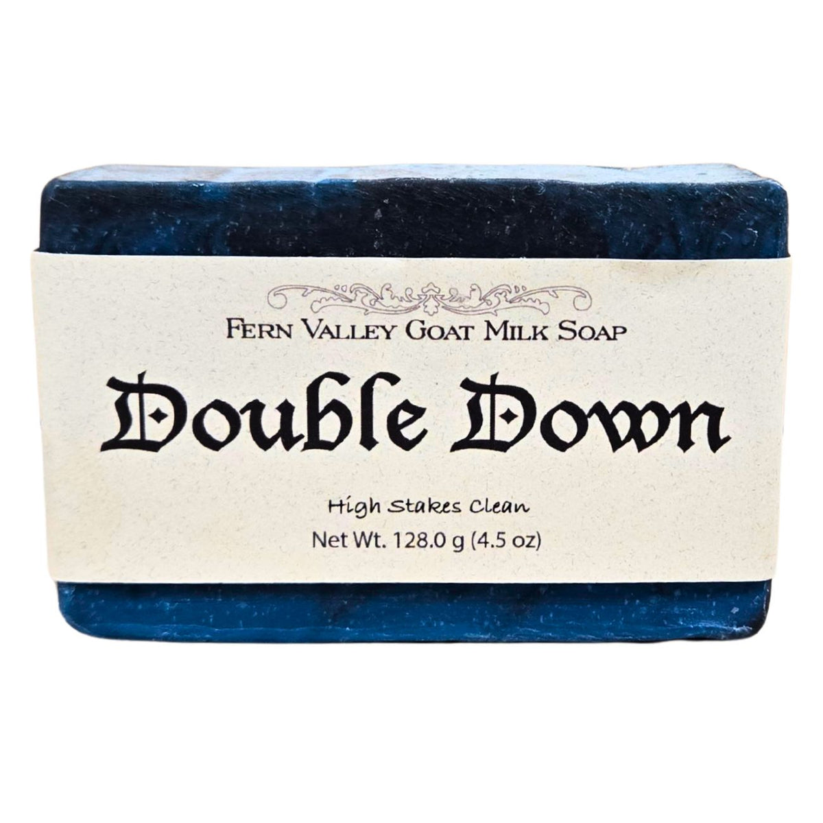 Fern Valley Soap natural goat milk soap with activated charcoal, Double Down variant, featuring a creamy texture and charcoal infusion.