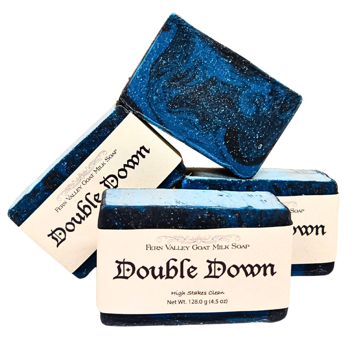 Fern Valley Soap natural goat milk soap with activated charcoal, double down formula, showing creamy soap bar with black charcoal spots.