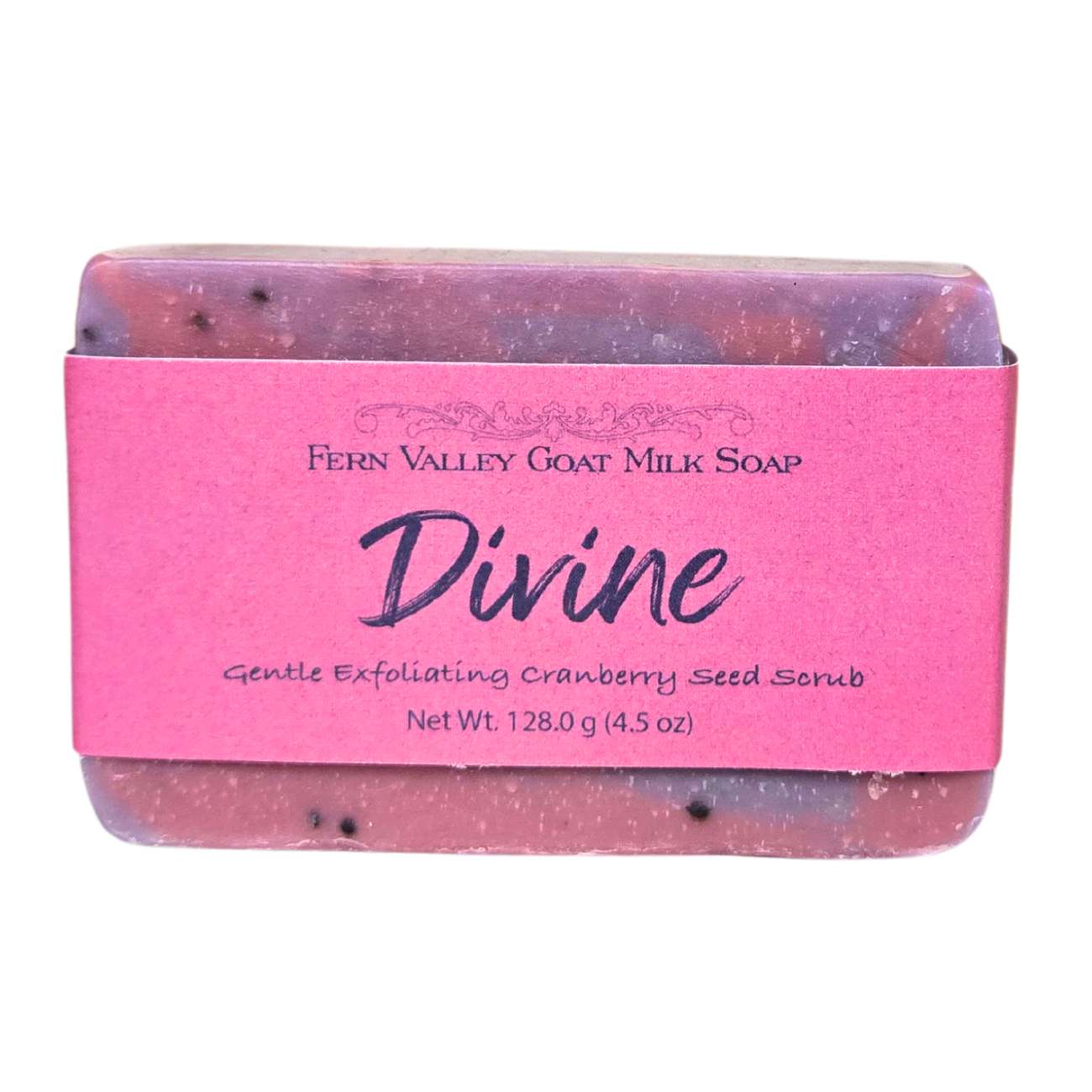 Fern Valley Soap natural goat milk soap with exfoliating cranberry-seed scrub and musky floral scent.