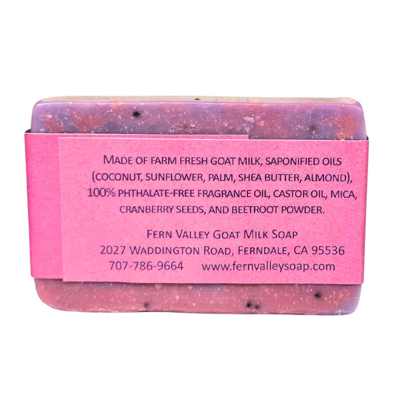 Fern Valley Goat Milk Soap with cranberry seed exfoliants, featuring a musky floral scent and natural ingredients.